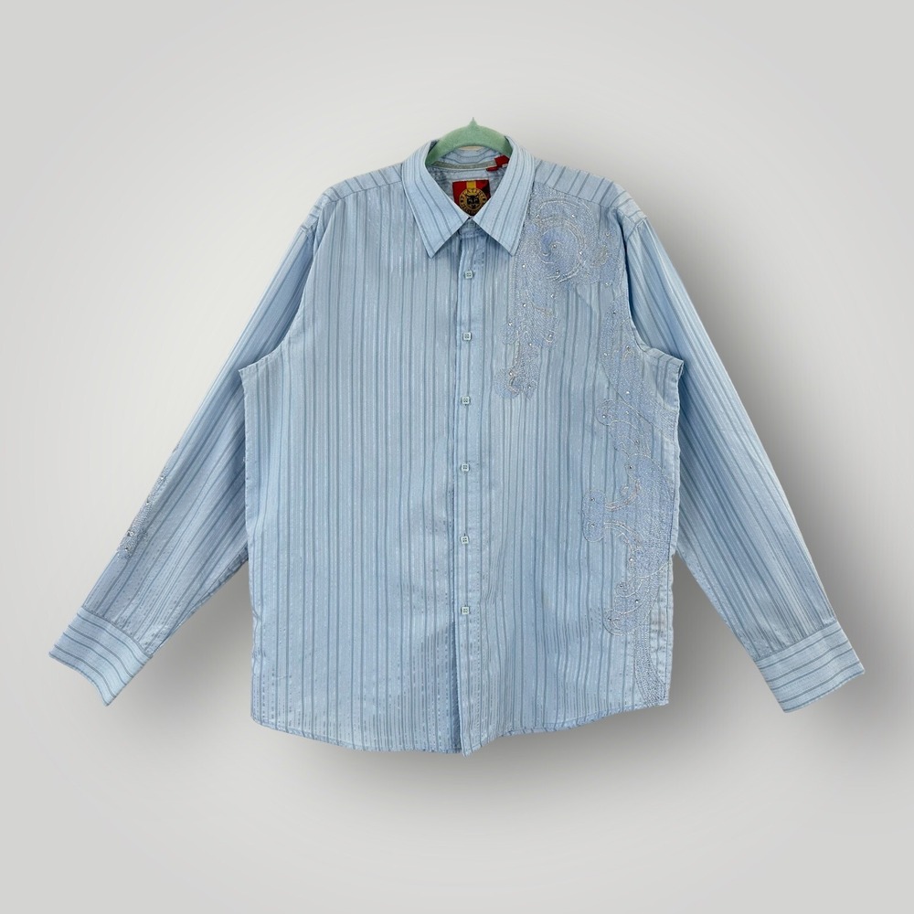 Platini Jeans Cougar Shirt Men XL Long Sleeve Embroidered  Rhinestones Button Up